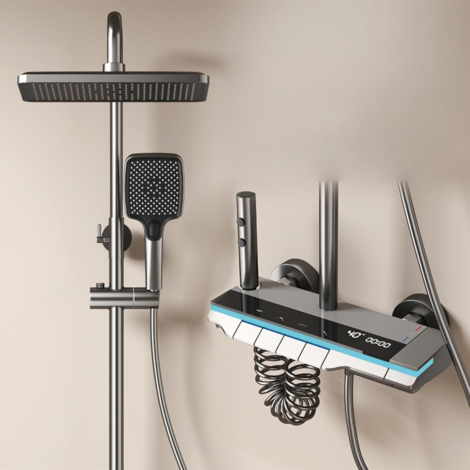 Luxury Thermostatic Shower Panel System - 4 Function Brass Shower Set with Temperature Display, Hand Shower, Overhead Rainfall & Jet Spray (Gunmetal Grey) | Perfect for Modern Bathroom Renovation & Spa-Like Shower Experience