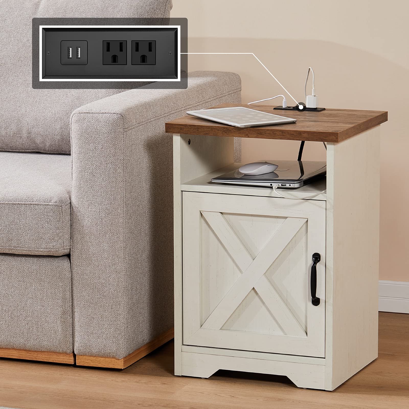AMERLIFE 3-Piece Farmhouse Living Room Table Set with Coffee Table & 2 End Tables - USB Charging Station, Distressed White Finish - Perfect for Rustic Home Decor & Modern Entertainment Spaces