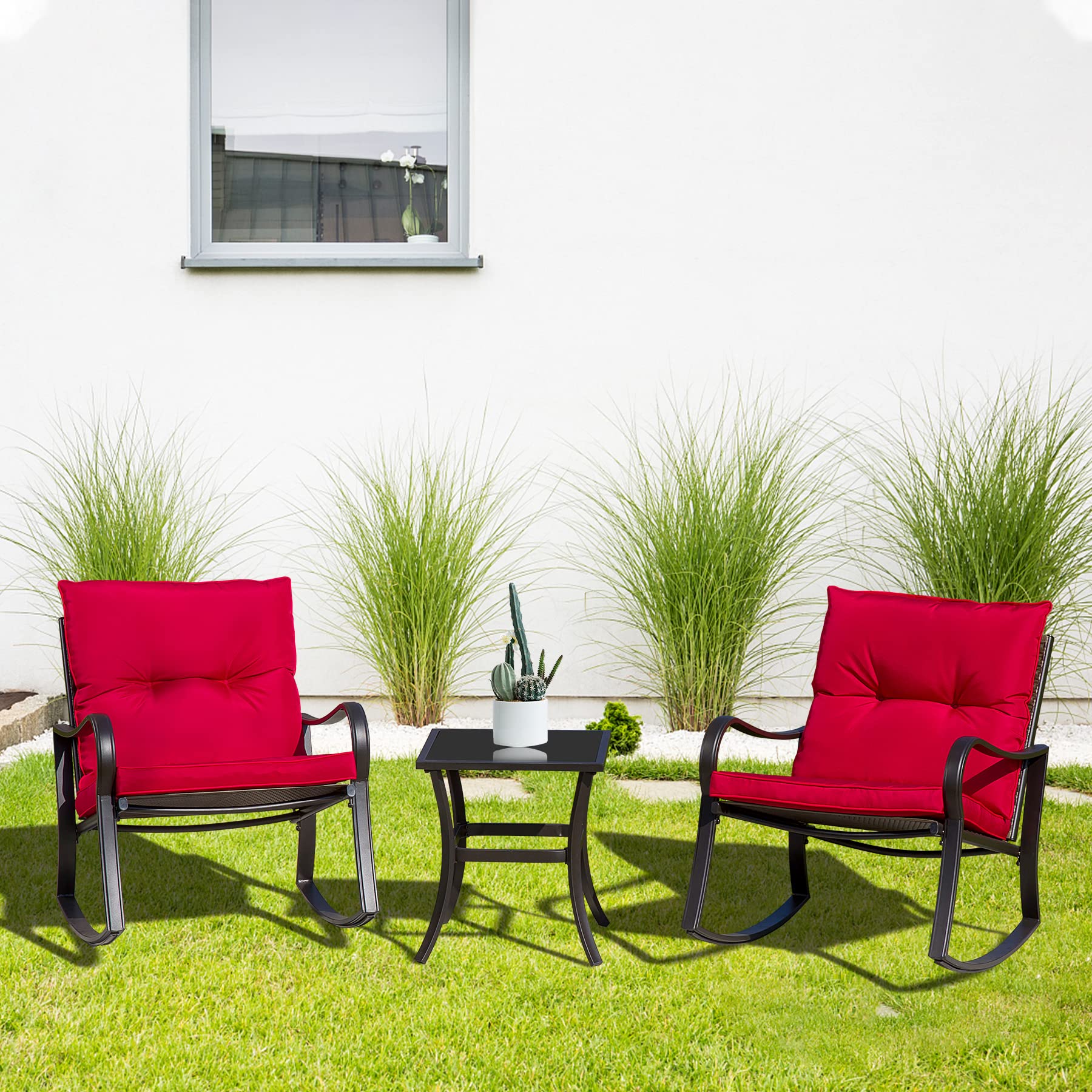 **Domi 3-Piece Outdoor Rocking Chair Set - Patio Bistro Chairs with Iron Frame & Glass Coffee Table - Perfect for Porch, Poolside, Lawn, Garden & Balcony (Red, Curved Armrest) - Relaxing Conversation & Leisure Seating**