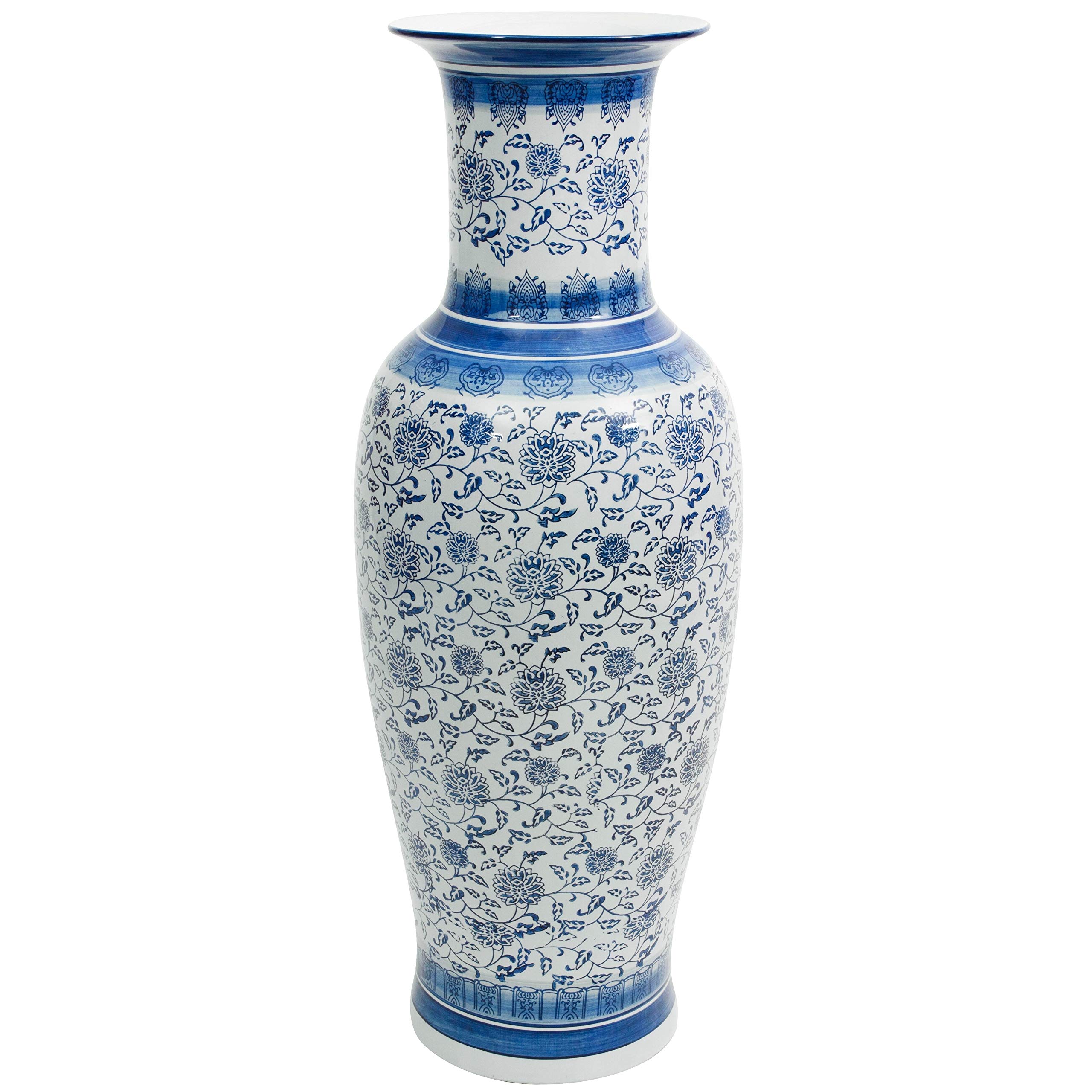 Handmade 36 Inch Blue and White Porcelain Chi Vase - Floral Decorative Ceramic Vase for Home Decor, Wedding Centerpiece & Asian-Inspired Interior Design
