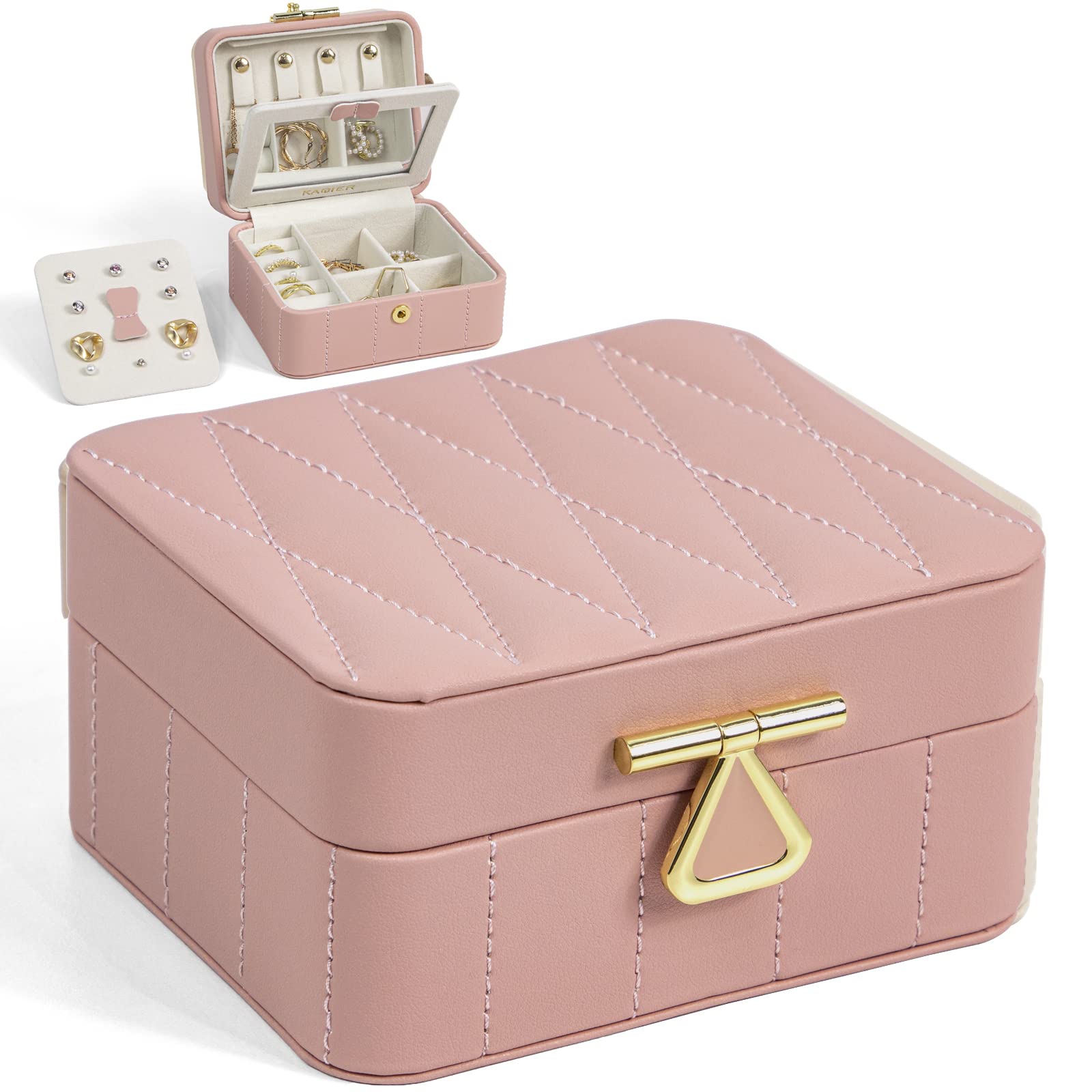 KAMIER Pink Diamond Quilted Leather Travel Jewelry Box Organizer for Women - Portable Jewelry Case with Mirror - Perfect for Vacation, Business Trips & Daily Use