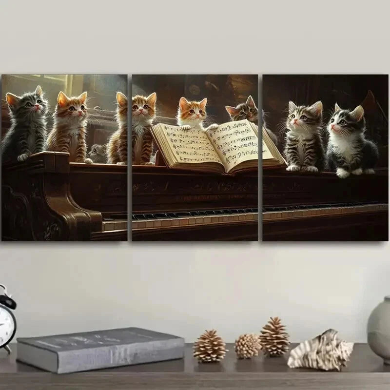 3-Piece Cat on Piano Wall Art Set - Framed Canvas 50x70cm (20x28in) - High Quality Print - Ready to Hang Home Decor - Perfect for Living Room, Bedroom & Office