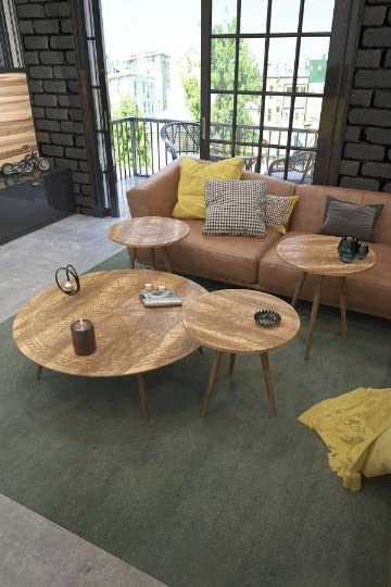 Walnut/White Wooden Round Large Coffee Table Set with Laser Engraving - Modern Rustic Nesting Side Tables for Living Room, Bedroom & Office Decor