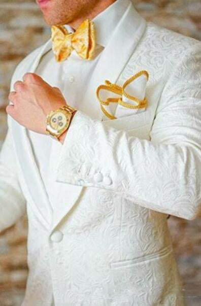 Ivory & White Jacquard Paisley Pattern Groom Tuxedo Wedding Suit Blazer Jacket with Black Pants CB10202 - Perfect for Weddings, Prom, Formal Events & Special Occasions