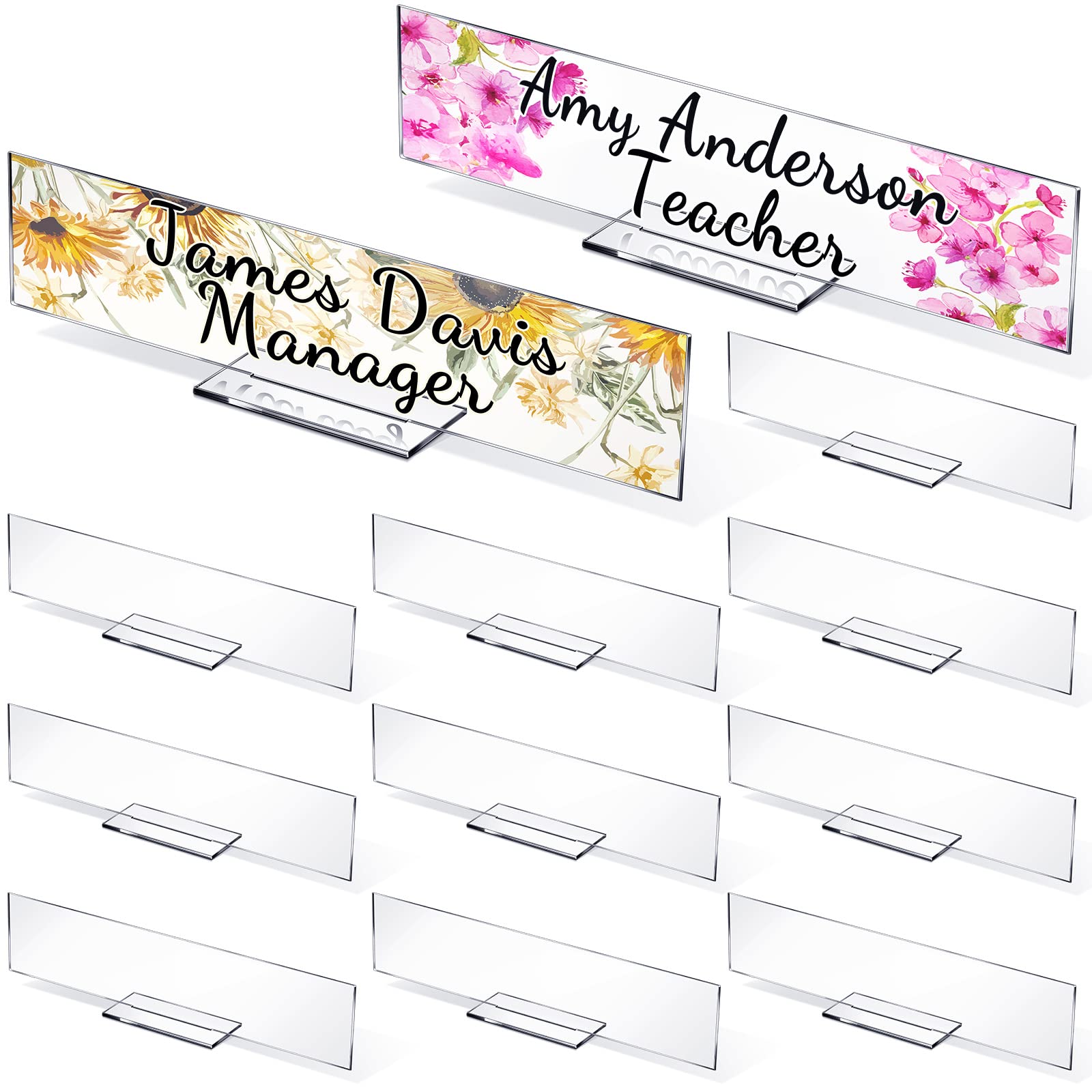 Yookeer 12 Pack Personalized Acrylic Name Plates - 2 x 10 Inch Clear Rectangle Desk Name Signs for Office Decor | Customizable Blank Name Tags for Workstations, Reception Desks & Professional Spaces