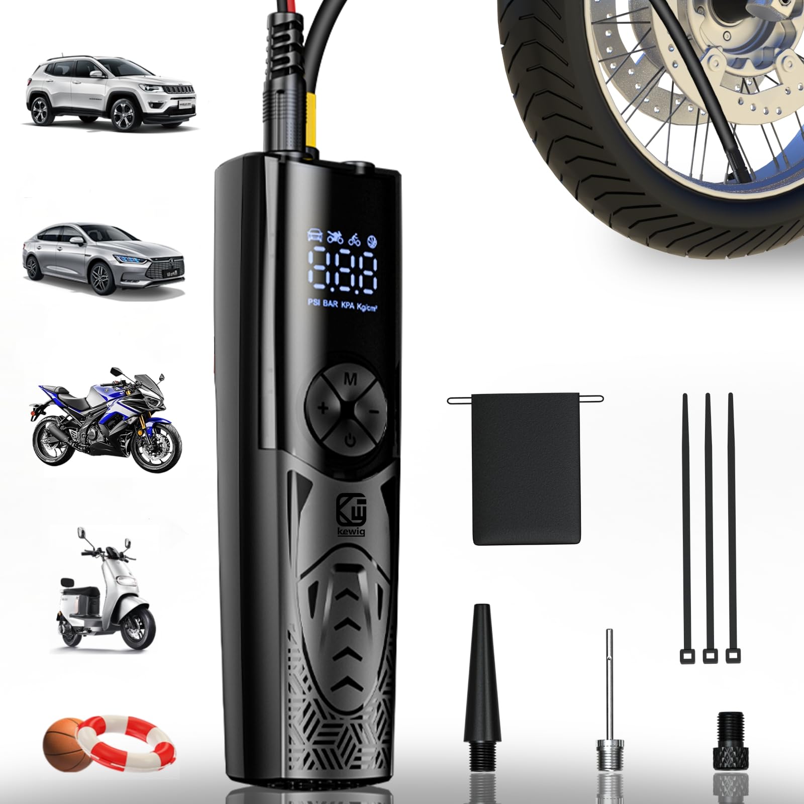 Kewig 100W Portable Air Compressor - Fast Electric Tire Inflator for Car, Motorcycle & Bike Tires (150 PSI, Digital Pressure Gauge) | Ideal for Road Trips, Emergency Inflation & Home Garage Use