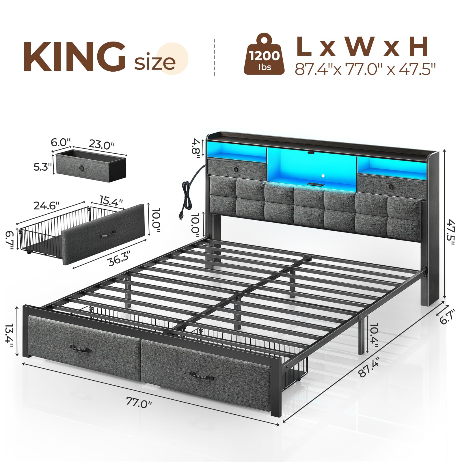 Rolanstar King Size Upholstered Platform Bed Frame with Storage Drawers, USB Charging Station & LED Headboard - Heavy Duty Metal Frame, No Box Spring Needed, Noise Free (Grey) - Perfect for Modern Bedrooms, Guest Rooms & Small Spaces