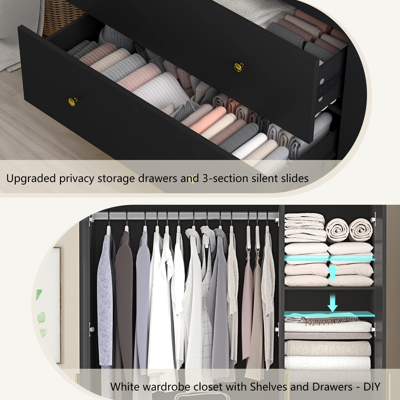 Modern 3-Door Wardrobe Closet with Full-Length Mirror & LED Lights - Wooden Armoire with Drawers, Shelves & Hanging Rod - Black Bedroom Storage Solution for Clothes, Shoes & Accessories | Perfect for Master Bedroom, Guest Room or Dorm Organization