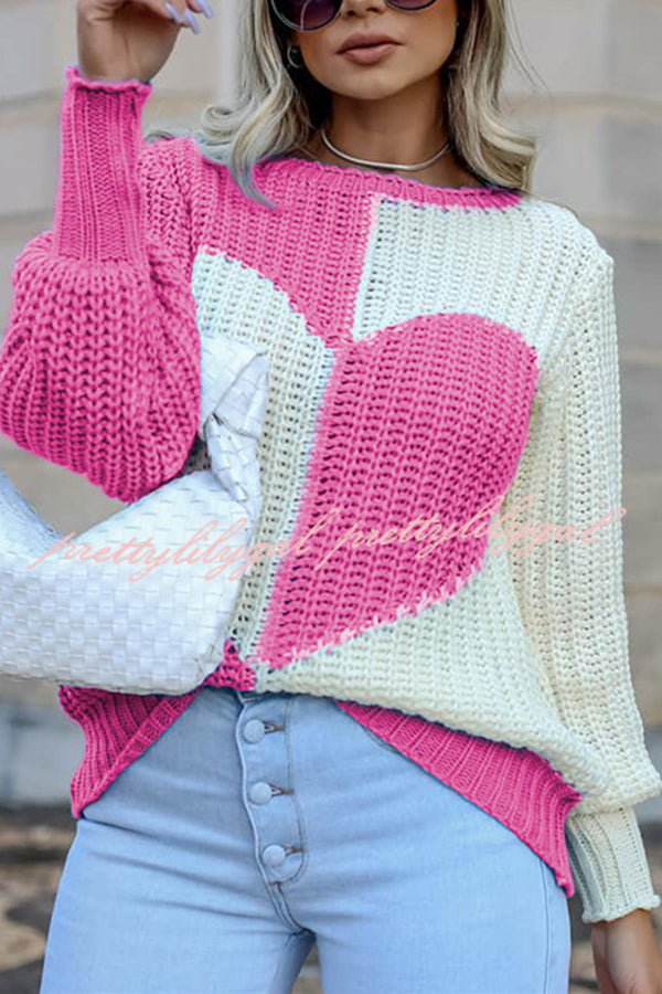 Round Neck Bell Sleeves Heart Contrast Knit Sweater for Women | Cozy Long Sleeve Pullover for Fall & Winter | Perfect for Office, Date Night and Casual Outfits