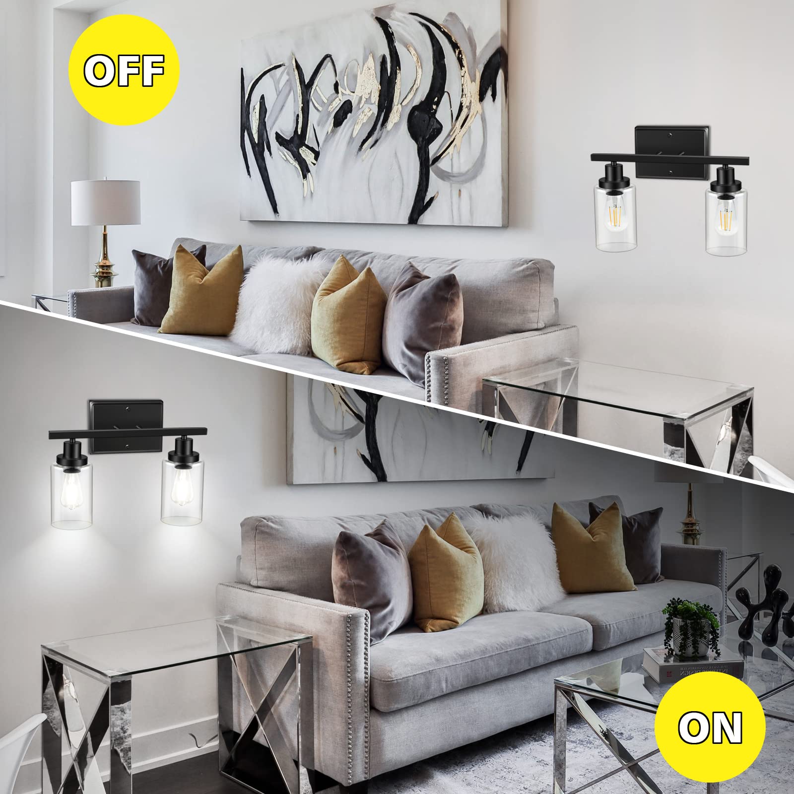 Ascher 2-Light Modern Wall Sconce with Clear Glass Shade - Black Vanity Light Fixture for Bathroom Mirror, Hallway & Bedroom - E26 Base (Bulbs Not Included) - Perfect for Ambient Lighting and Home Decor