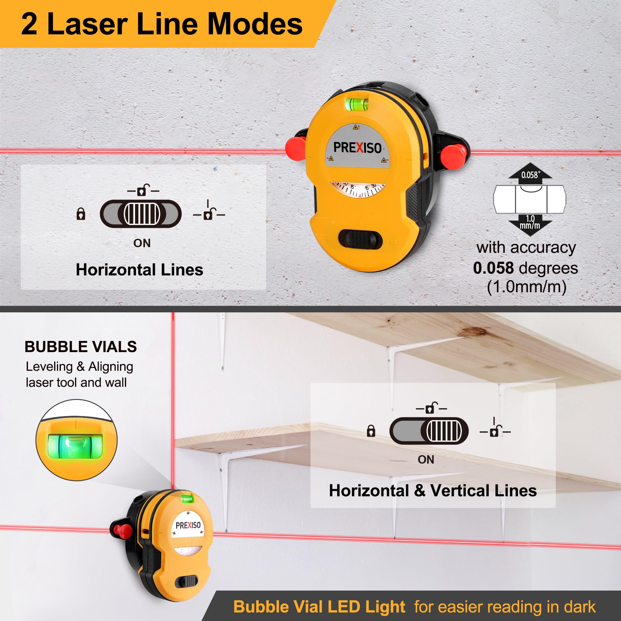 PREXISO Self-Leveling Cross-Line Laser Level - 30Ft Green Beam Horizontal & Vertical Alignment Tool with Wall Mount, 2 Pins & 10 Stickers (Includes 2 AA Batteries) - Perfect for Picture Hanging, Wall Decor, Construction Layout & DIY Home Projects