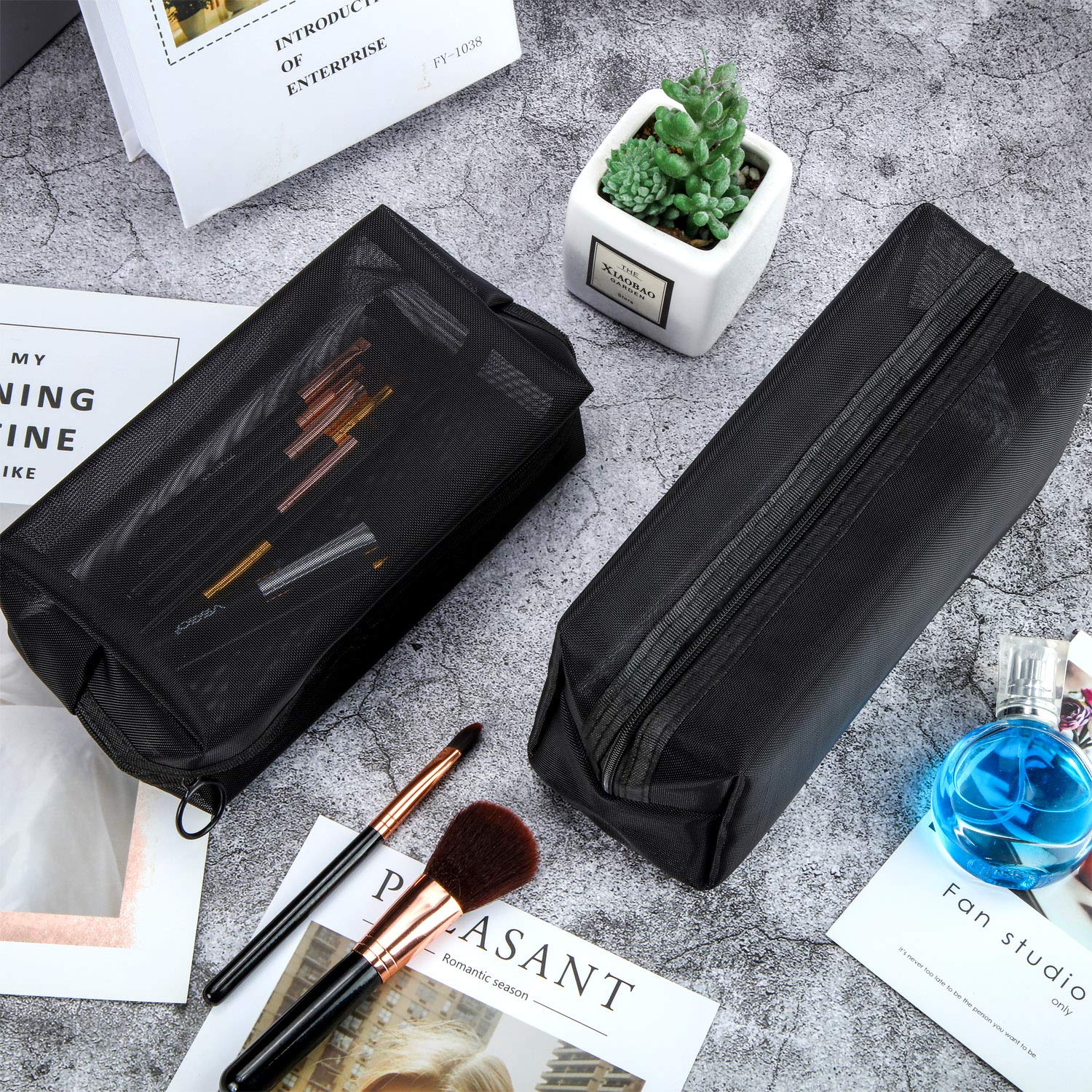 6-Piece Mesh Makeup Bags Set - Breathable Cosmetic Organizer with Zipper for Travel, Home & Office - Portable Toiletry Pouches for Makeup Brushes, Jewelry & Essentials (Black) - Perfect for Gym, Vacation & Daily Organization