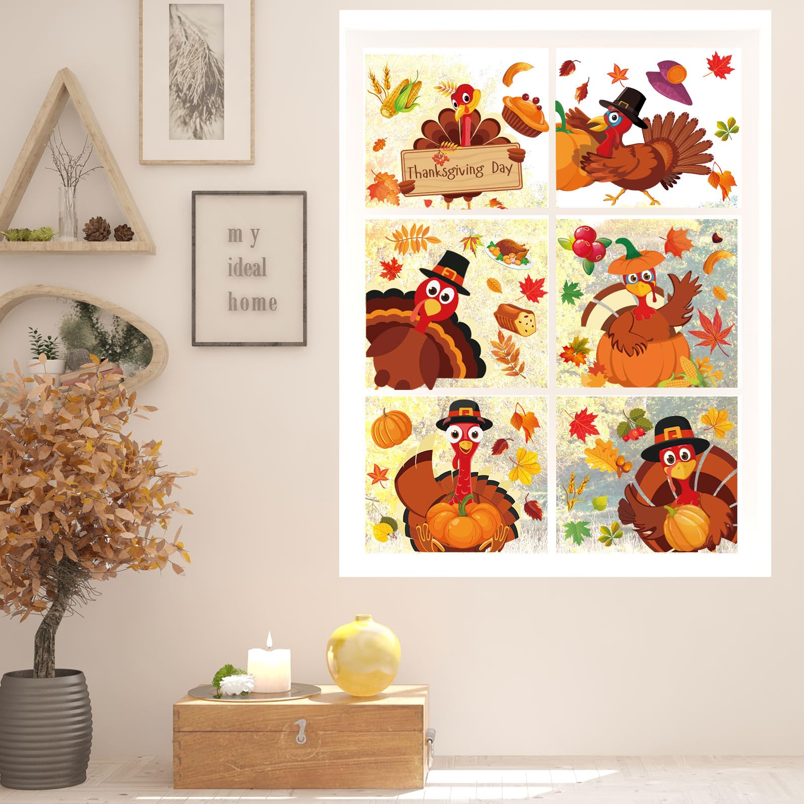9 Sheet Thanksgiving Window Clings - Autumn Turkey Pumpkin Fall Leaves Window Decals for Home, School, Office Decor | Seasonal Party Supplies & Holiday Gifts | Perfect for Thanksgiving Decorations, Classroom Activities & Festive Home Styling