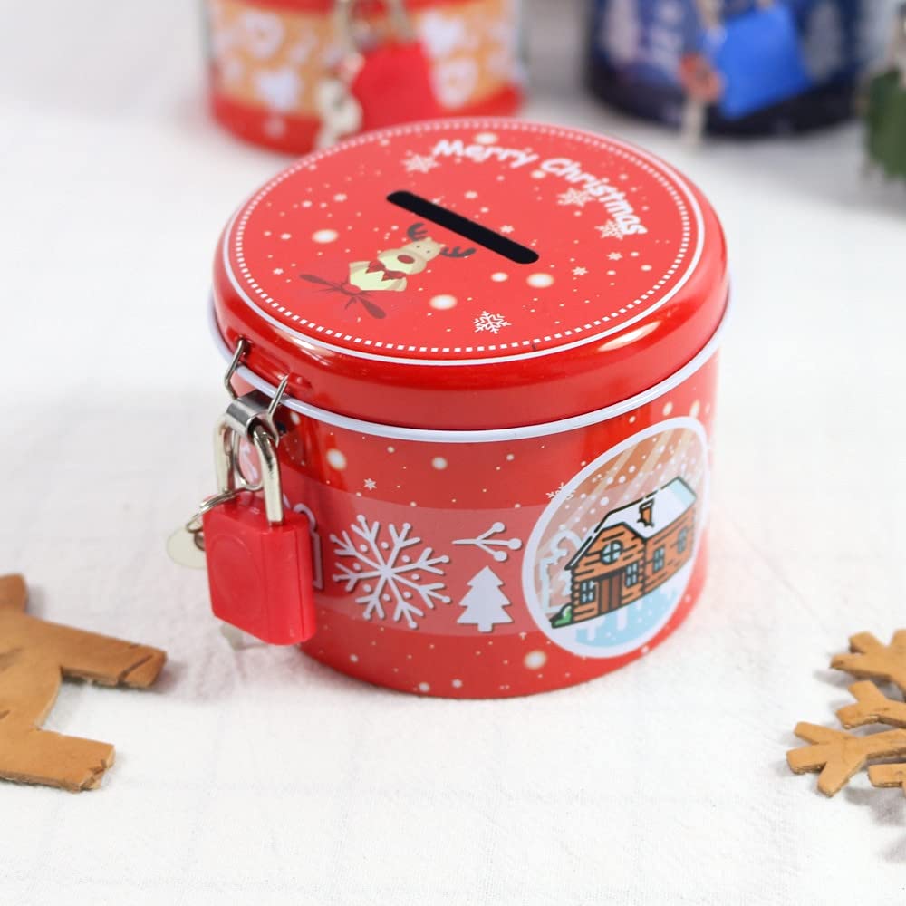 QIFFIY Cute Piggy Bank with Metal Lock & Key - Round Coin Storage Box for Kids, Cartoon Money Box for Savings, Birthday Gift (Red) - Perfect for Kids' Savings, Piggy Bank for Birthday & Christmas Gifts