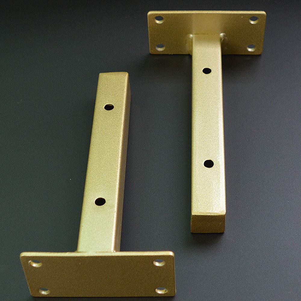 2 Pack Gold Wrought Iron Shelf Brackets - 2.2cm Square Tube Wall Mounted Metal Triangle Support for Shelves & Frames with 8.4cm Mounting Plate | Perfect for Home Office, Kitchen & Garage Storage Organization