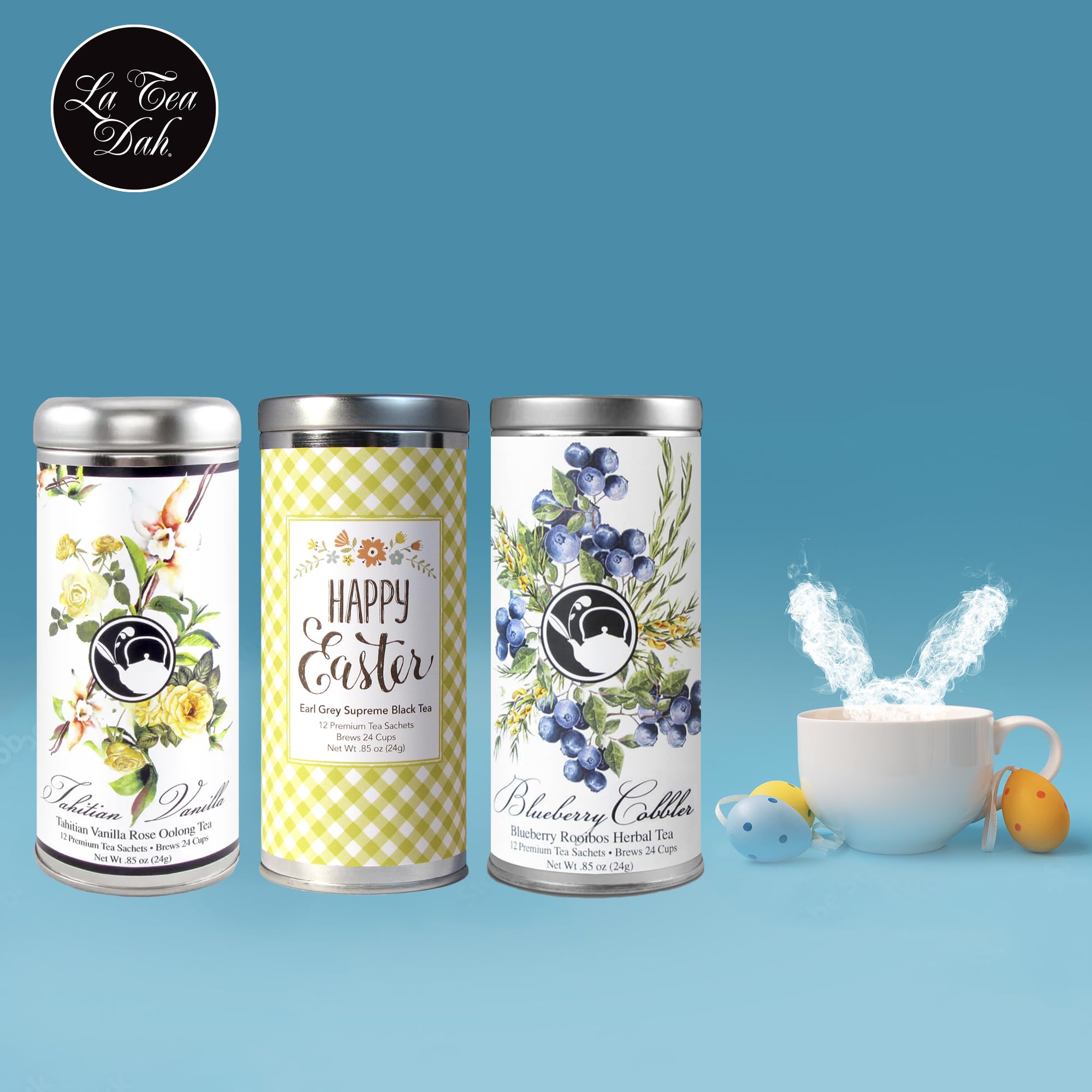 Premium Easter Tea Gift Basket by La Tea Dah - 5 Tins of Luxury Tea & 2 Honey Stirrers in Festive Basket (Hibiscus, Vanilla, Chamomile, Orange Almond & Earl Grey) - Perfect Easter Gifts for Adults, Tea Lovers & Hostess - Ideal for Afternoon Tea, Mother's Day & Spring Celebrations