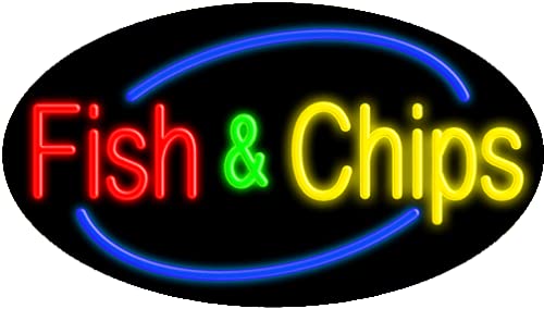Vintage Fish & Chips Glass Neon Sign #14450 – Handcrafted in USA | Perfect for Pubs, Restaurants & Retro Home Decor