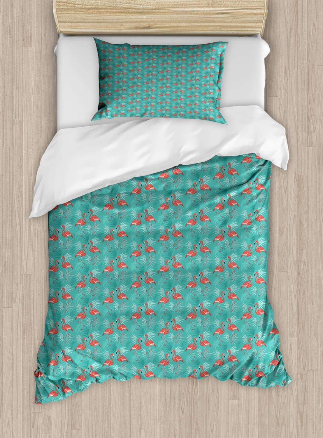 Ambesonne Flamingo Duvet Cover Set - Tropical Birds & Hawaiian Foliage Queen Size Bedding (2 Duvet Covers + 4 Pillowcases) | Summer Holiday Theme in Turquoise & Coral | Perfect for Beach House, Tropical Bedroom Decor & Vacation Vibes
