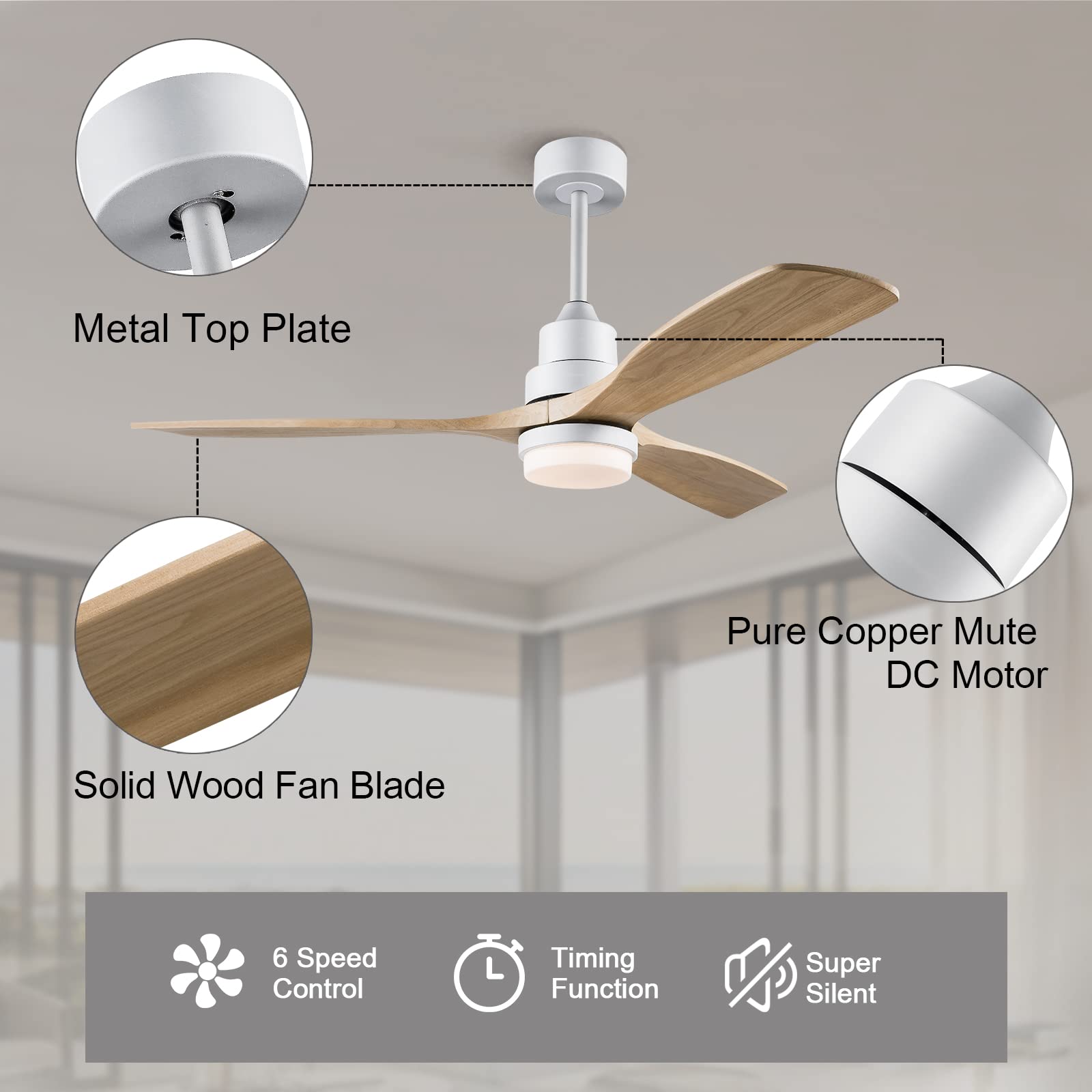 52 Inch Ceiling Fan with Light and Remote Control - Indoor/Outdoor Smart Ceiling Fan for Patio, Living Room, Bedroom, Office - Perfect for Summer Houses and Outdoor Spaces