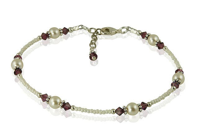 Natural Amethyst & Cream Pearl Beaded Anklet Bracelet for Women - Elegant Adjustable Ankle Chain Jewelry for Summer, Beach, Boho Fashion & Special Occasions