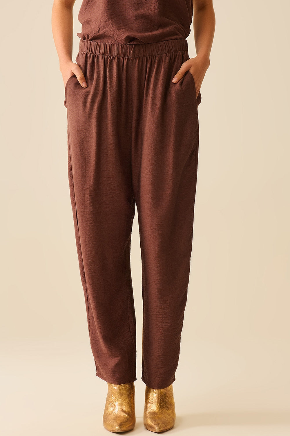 Elastic Waist Summer Pants with Pockets in Brown - Comfortable Casual Wear for Outdoor Activities and Travel