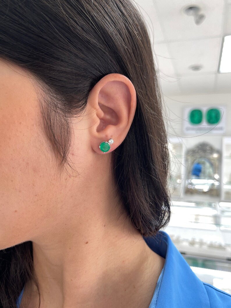 3.50tcw 14K White Gold Round Cut Emerald & Diamond Stud Earrings – Rich Green Gemstone Jewelry for Women, Perfect for Weddings, Parties & Special Occasions
