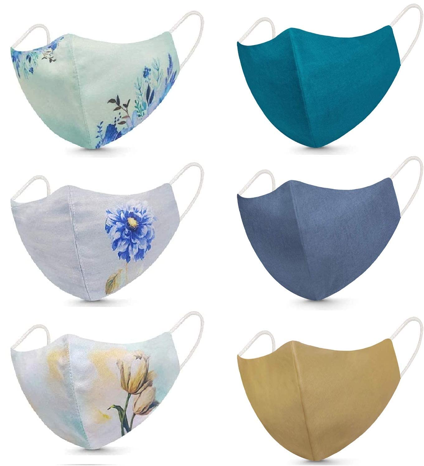 NGEL 100% Cotton Face Mask for Women & Men - Digital Printed & Plain 3-Layer Washable Fabric - Breathable, Lightweight & Comfortable (Pack of 6) - Perfect for Daily Use, Travel & Outdoor Activities