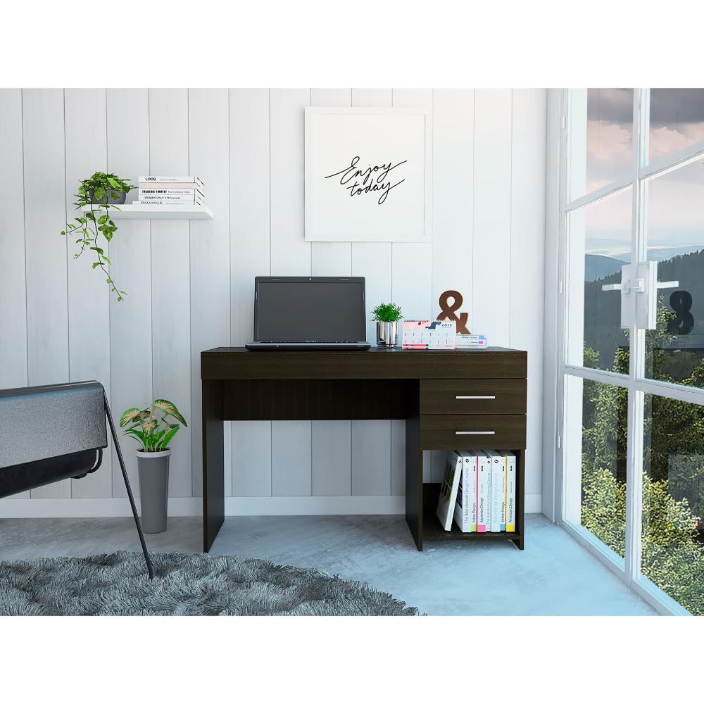 Tuhome Ibare 2 Drawer Computer Desk with Lower Shelf - Black, Modern Home Office Desk for Small Spaces, Perfect for Work, Study, and Gaming Setup