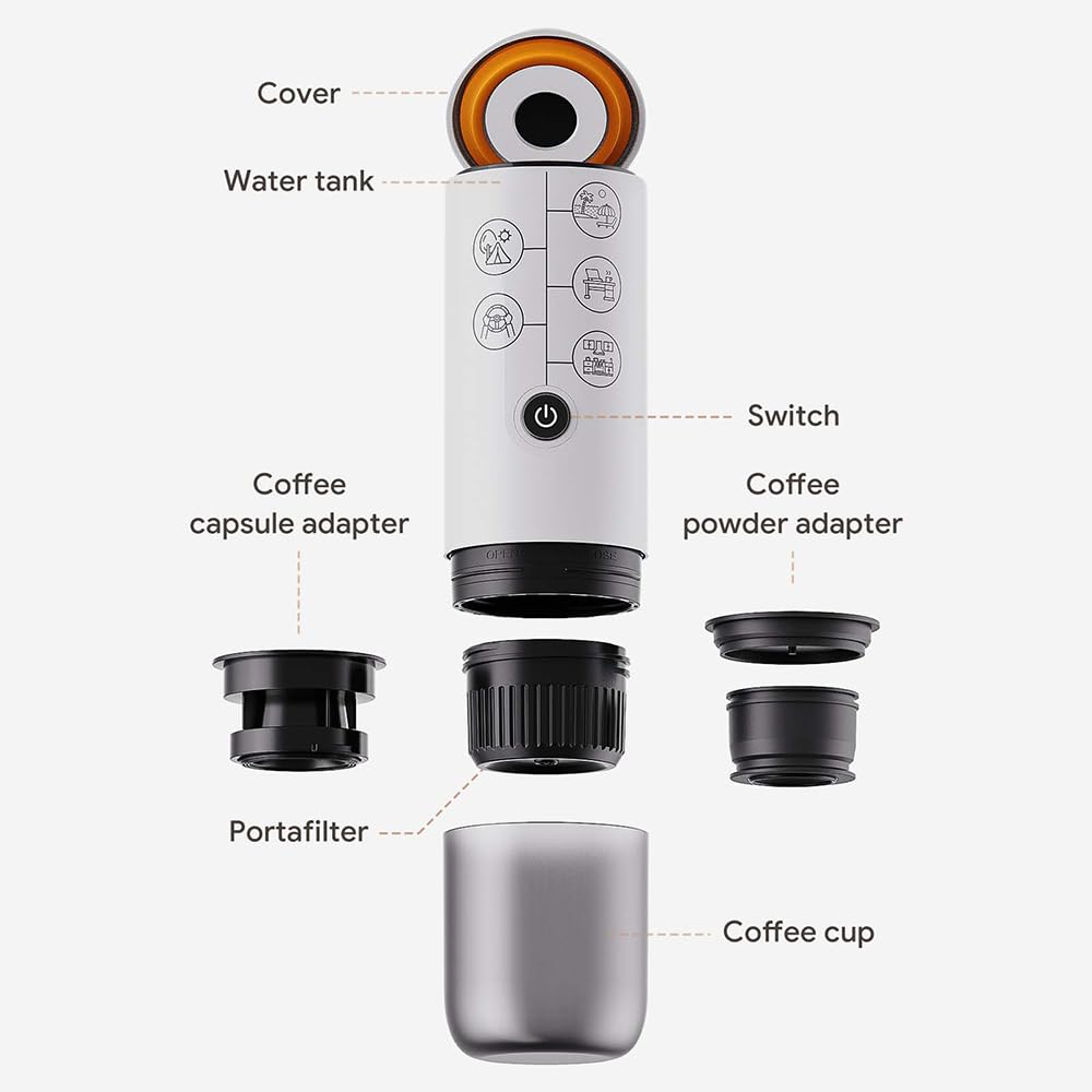 BENFUCHEN 3-in-1 Portable Espresso Machine - Type-C Rechargeable Electric Coffee Maker, 17 Bar Pressure Mini Espresso Machine Compatible with NESPRESSO/DolceGusto Pods & Ground Coffee - Perfect for Travel, Camping & Office Use - White