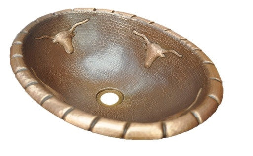 Handmade Oval Copper Sink with Longhorn Bull Design - Rustic Farmhouse Kitchen Decor for Bathroom & Bar Sink
