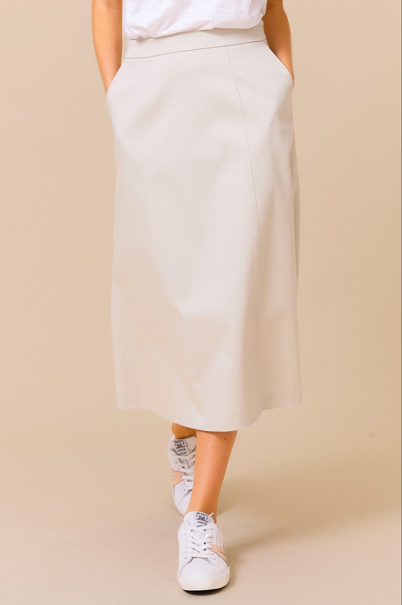 Susan Stretch Cotton Sateen Skirt - Women's Comfortable High Waist Flowy Midi Skirt in Taupe | Perfect for Office, Date Night & Casual Outfits
