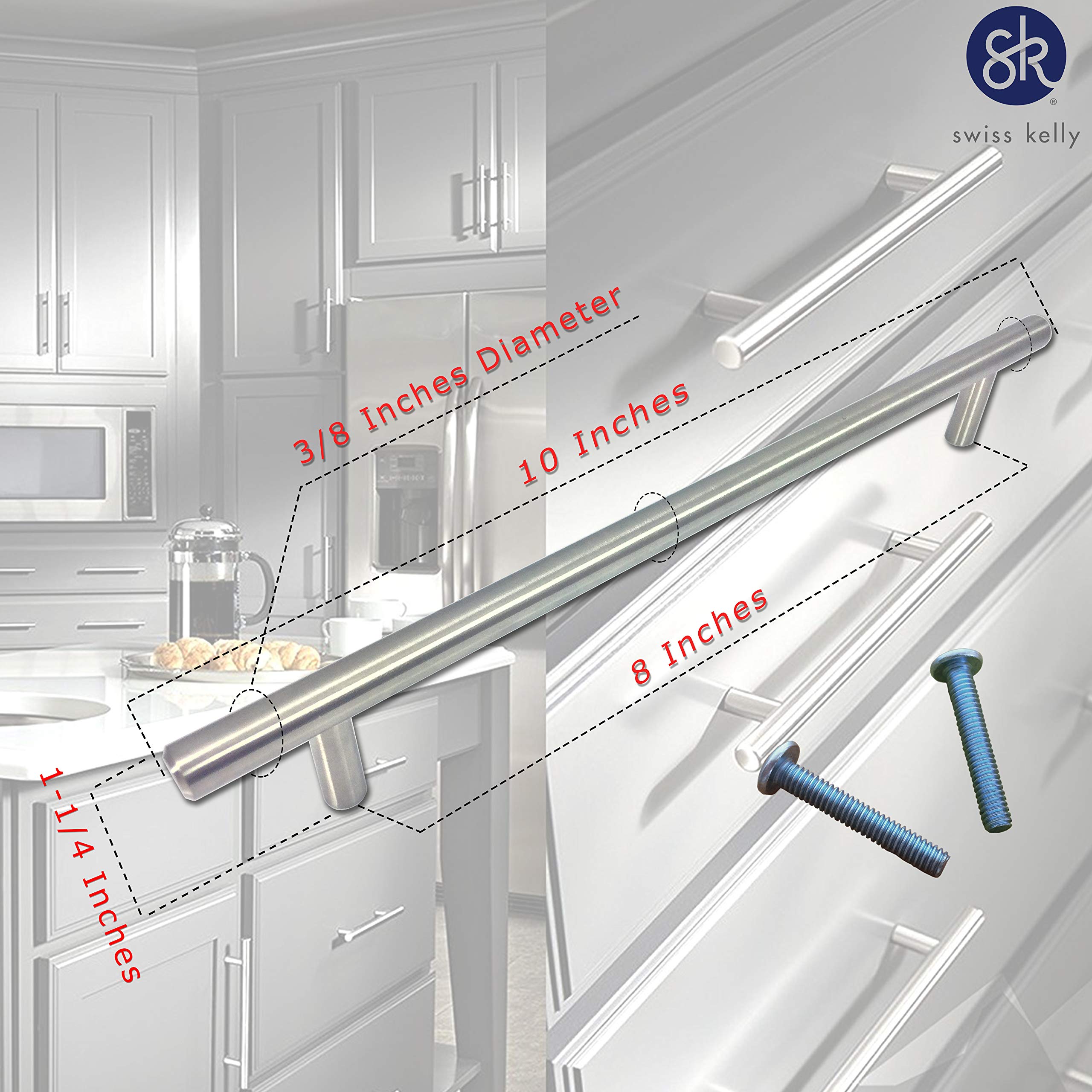 25 Pack 10 Inch Stainless Steel Cabinet Handles - 8 Inch Center to Center - Swiss Kelly Hardware Kitchen Drawer Pulls for Modern Cabinets & Furniture