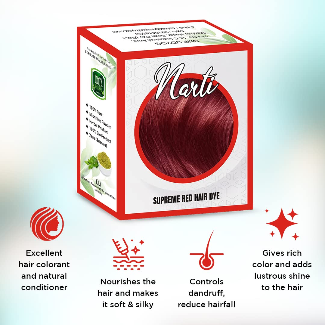 NARTI Natural Hair Dye Kit - 100% Pure Herbal Hair Color with Gloves, Shower Cap & Brush | Ammonia-Free Microfine Powder | DIY Hair Coloring at Home (Pack of 4, Supreme Red) | Perfect for Salon-Quality Results & Gentle Root Touch-Ups