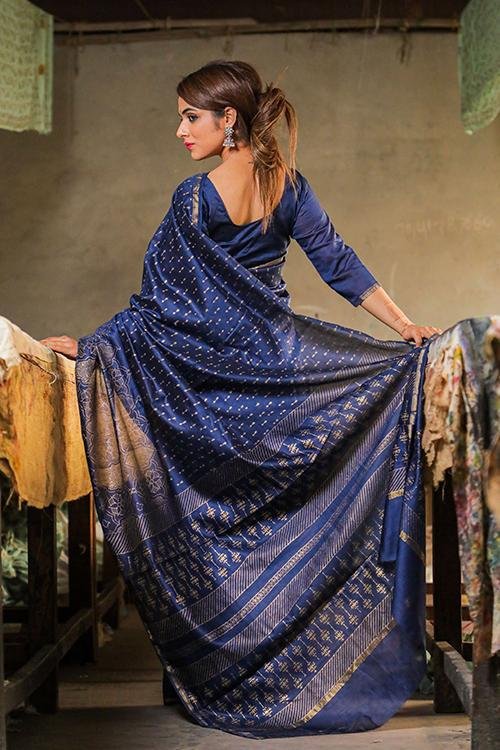 AZURE Handblock Print Chanderi Silk Saree - Elegant Indian Traditional Dress for Women | Perfect for Weddings, Parties & Festive Occasions