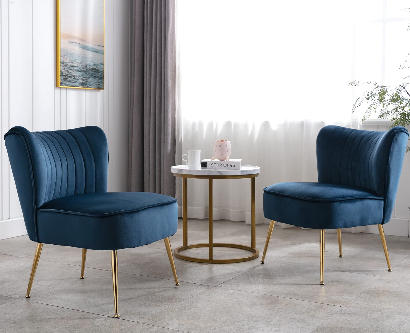 Cimota Velvet Accent Chairs Set of 2 - Modern Armless Slipper Wingback Sofa Chairs with Golden Metal Legs for Living Room, Bedroom, Lounge - Navy Blue Velvet Upholstered Comfortable Seating for Home Decor & Relaxation