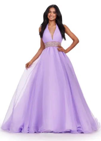 ASHLEYlauren 11546 Elegant Organza Ball Gown with Beaded Belt - Perfect for Prom, Wedding, and Formal Events