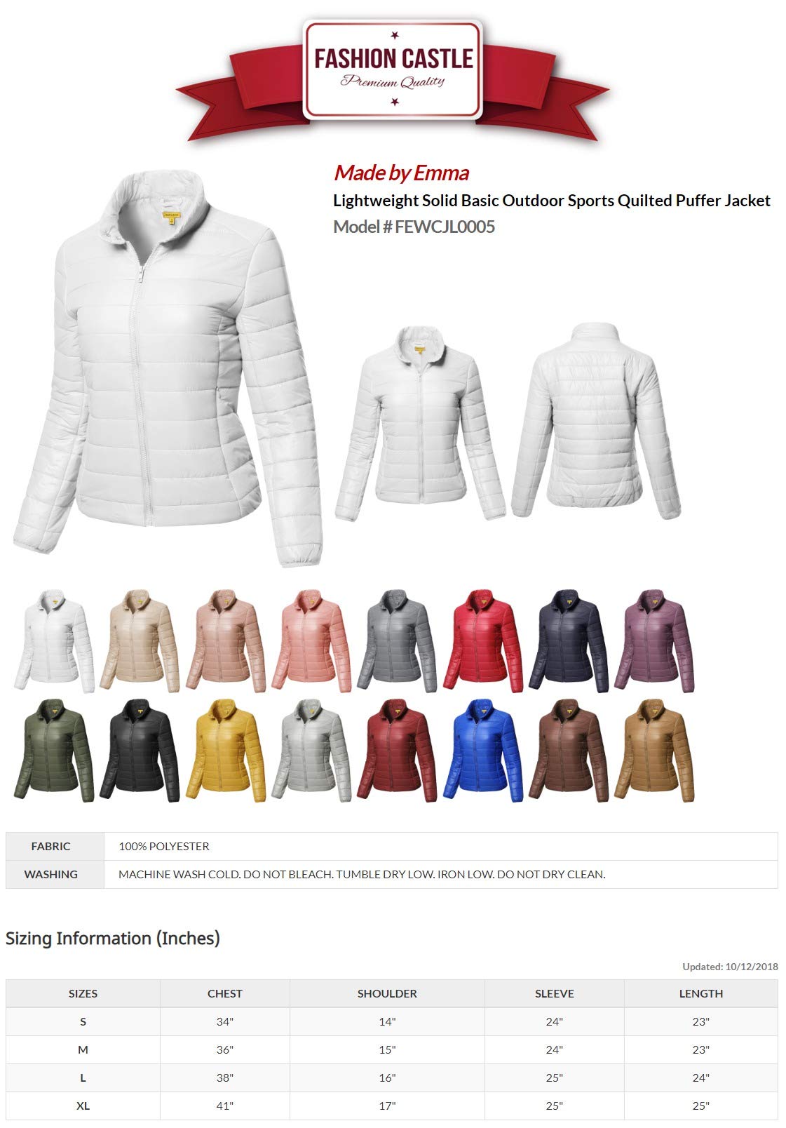 Emma Women's Lightweight Solid Quilted Puffer Jacket for Outdoor Sports | Water-Resistant Winter Coat for Hiking, Camping & Travel | Warm Casual Fall Outerwear