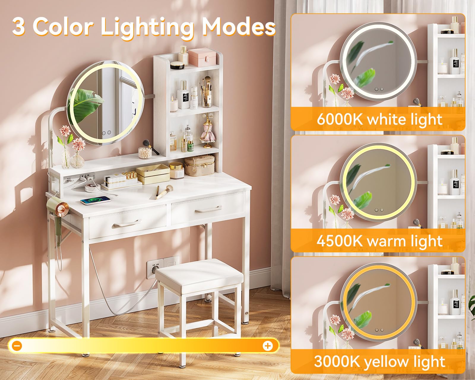 AODK 32 Inch Vanity Desk with Mirror and LED Lights, White Makeup Vanity Set with Fabric Drawers & Matching Chair - Perfect for Bedroom, Dressing Room or Small Space Makeup Station
