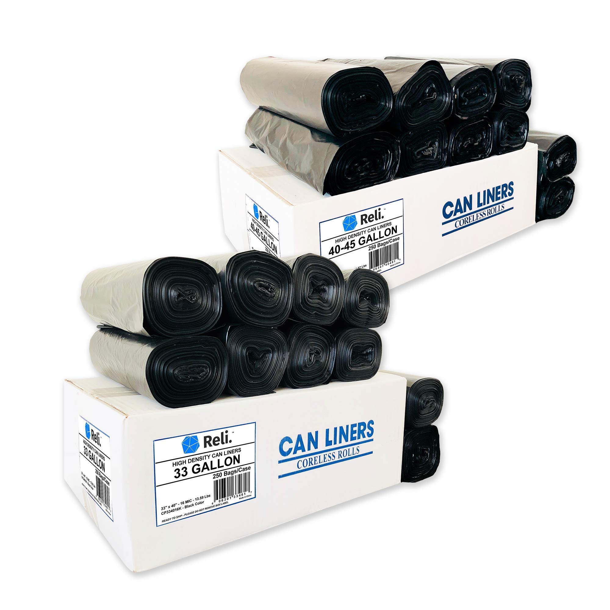 Heavy Duty 33 Gallon & 40-45 Gallon Trash Bags - 250 Count Each - Extra Thick, Leak Proof, Tear Resistant - Perfect for Kitchen, Office, and Outdoor Use