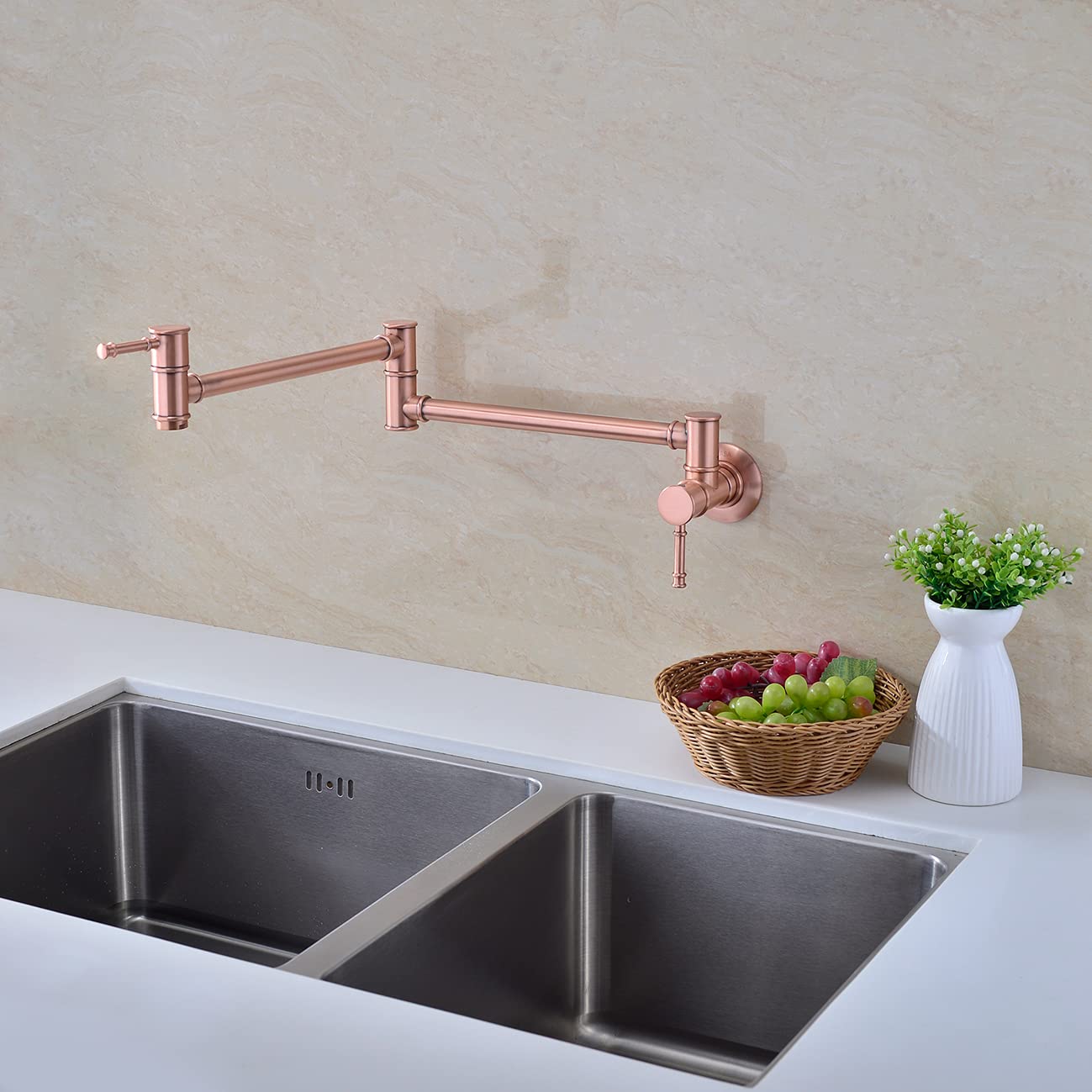 Wall Mounted Pot Filler Faucet - Red Copper Swing Arm with Double Joint & Two Brass Handles - Stretchable Folding Kitchen Faucet for Easy Cooking & Large Pots - Perfect for Home Chefs & Professional Kitchens
