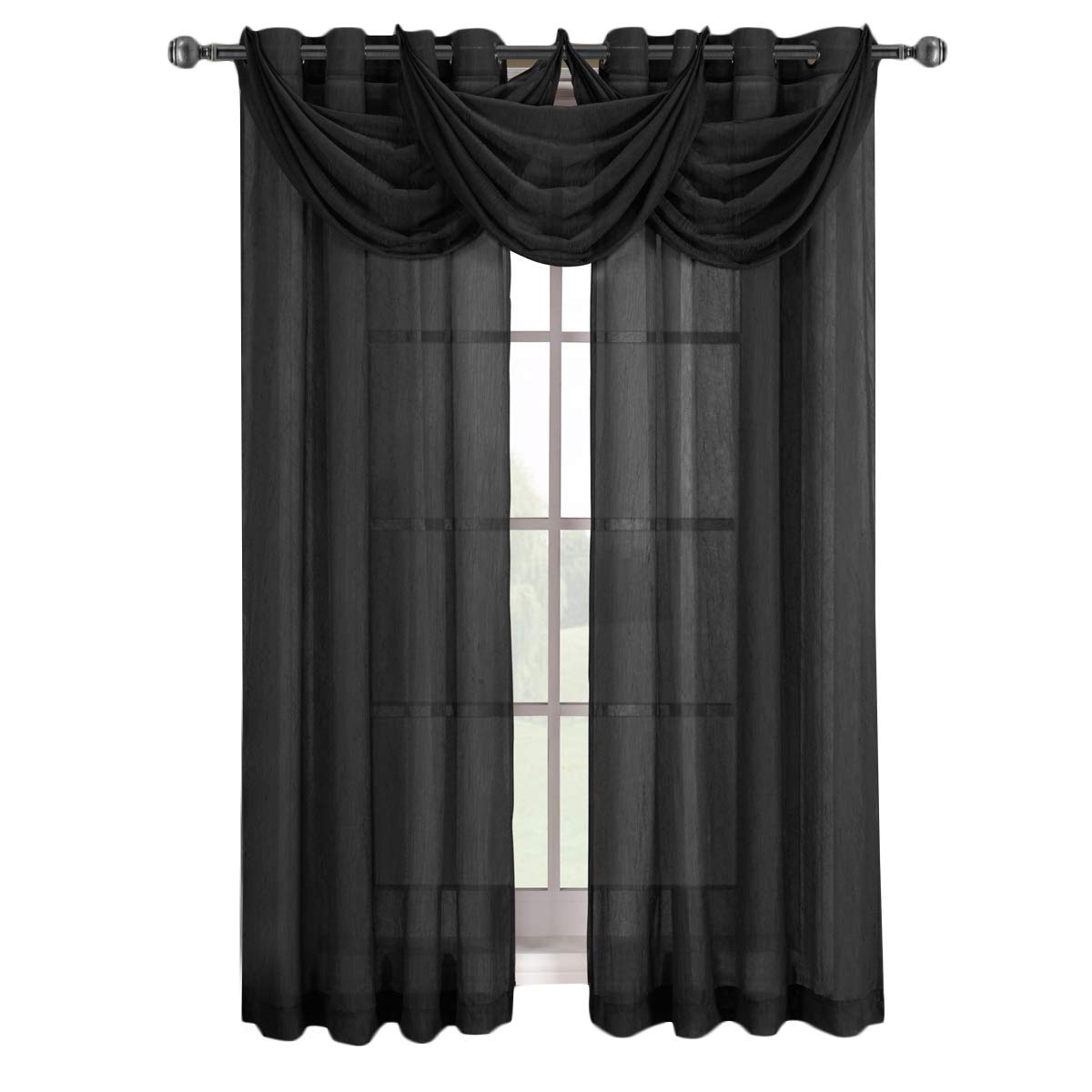 Royal Hotel Bedding Abri Black Grommet Crushed Sheer Curtain Panel - 1 Panel (50x84 inches) for Living Room, Bedroom & Hotel Decor