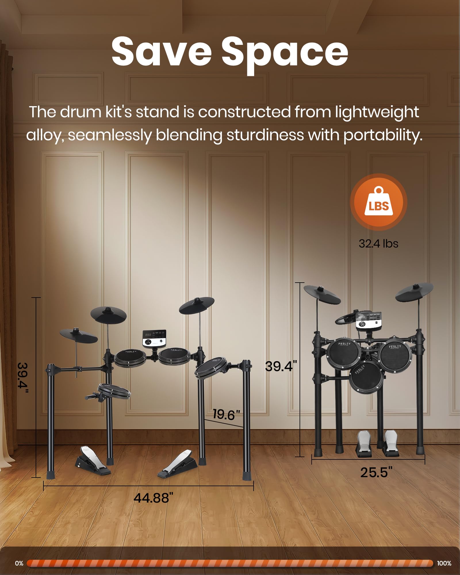 Fesley 5-Piece Electronic Drum Set with 3 Cymbals & 4 Quiet Mesh Pads - Complete E-Drum Kit for Beginners & Adults (Includes Drum Throne, Headphones, Sticks, USB MIDI) - Perfect for Home Practice, Studio Recording & Live Performances