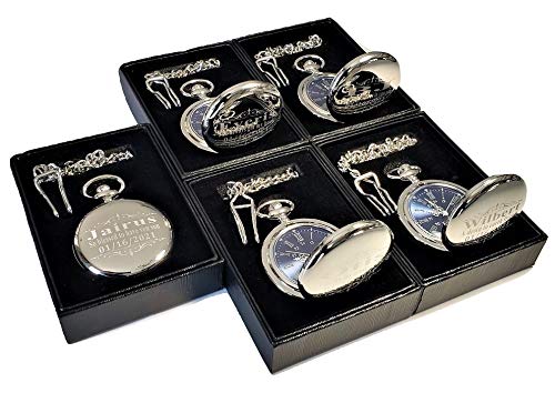 8 Custom Engraved Vintage Pocket Watches with Stainless Steel Chains & Gift Box - Perfect for Weddings, Groomsmen, Best Man Gifts (Black) - Ideal for Anniversary, Graduation & Special Occasion Presents