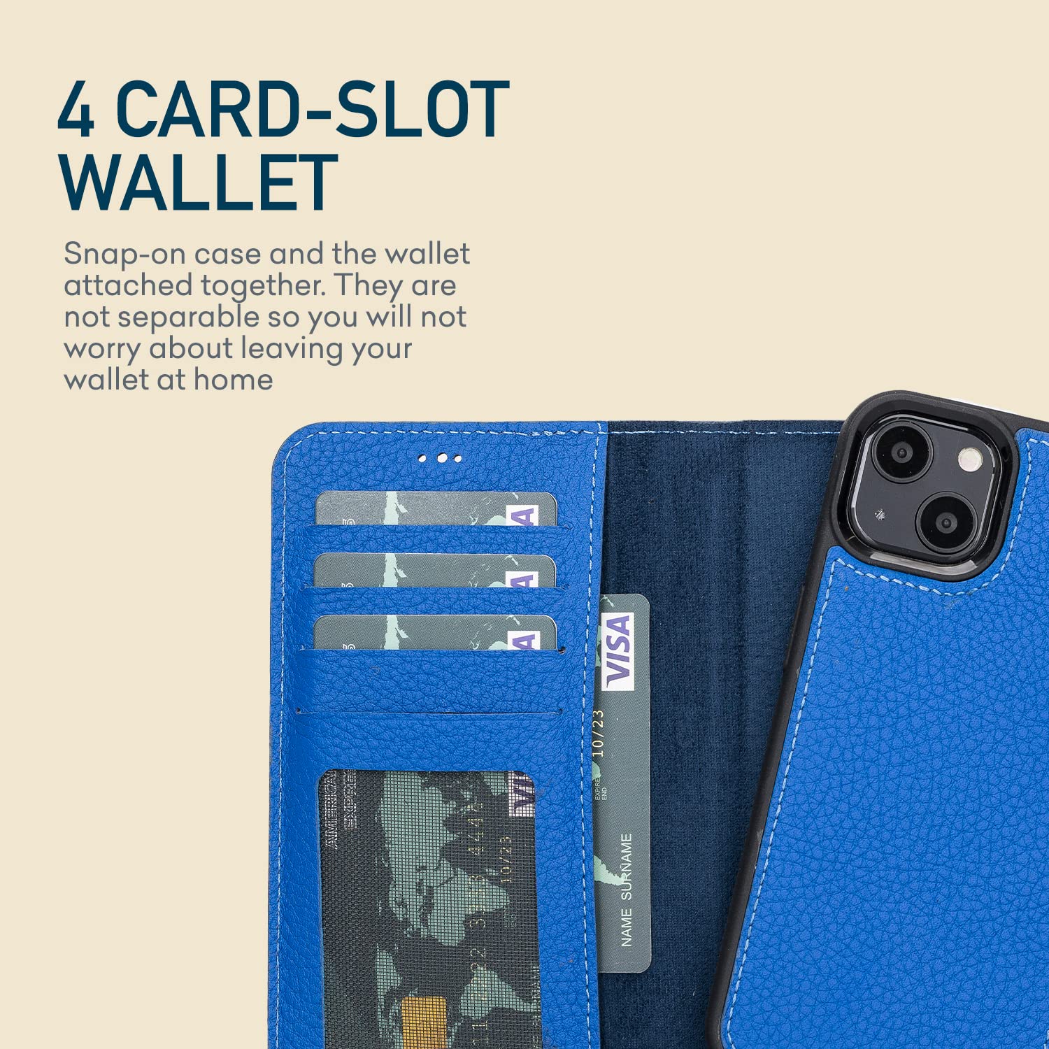 Bayelon Premium Full Grain Leather iPhone 13 Case with Detachable Magnetic Wallet - 2-in-1 Flip Cover with Card Slots & Kickstand | MagSafe Compatible (Royal Blue) | Perfect for Business Travel & Daily Use