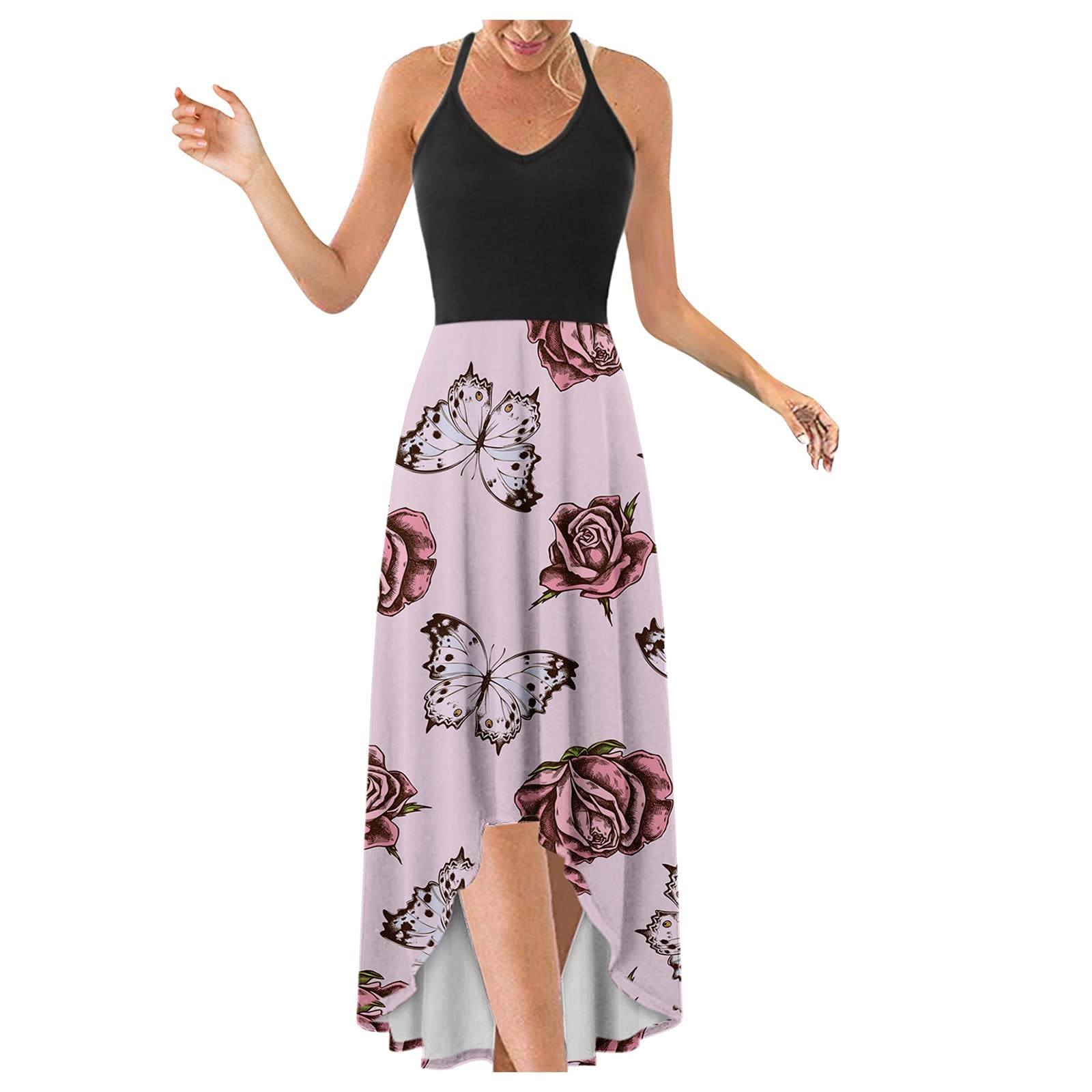 Flowy Midi Spring Dress with V-Neck & Irregular Hem - Casual Floral Print Camisole Dress for Women | Perfect for Brunch, Beach Outings & Summer Parties