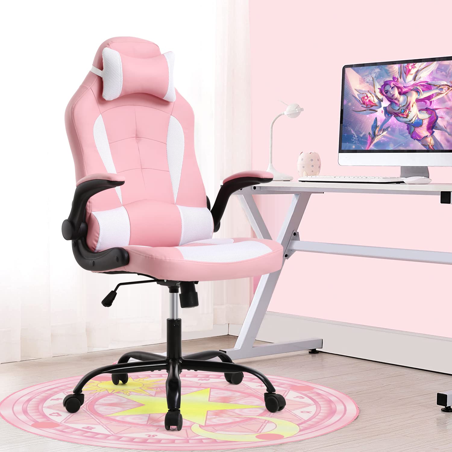 Ergonomic PC Gaming Chair with Adjustable Lumbar Support & Headrest - High Back Computer Chair for Women, Pink - Perfect for Long Gaming Sessions, Office Work & Home Study