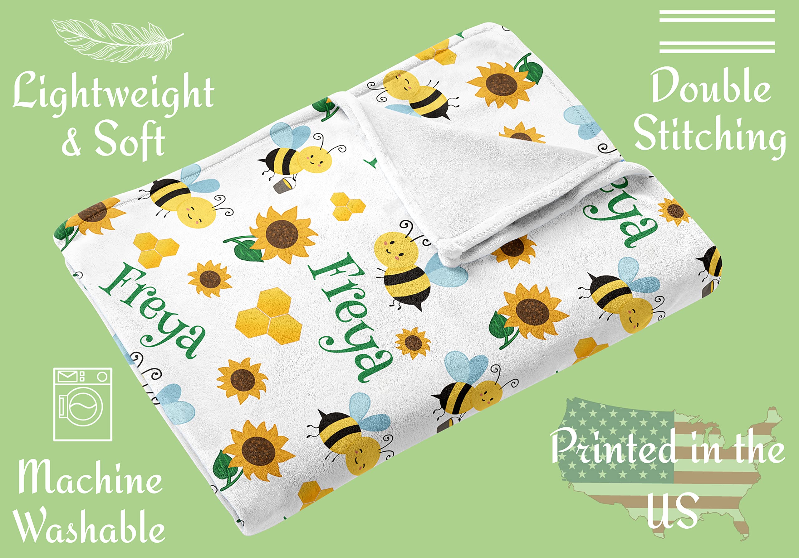 Personalized Baby Blankets for Boys & Girls - Custom Name Blankets with Bees Design - Perfect for Baby Shower, Birthday, Christmas Gifts - Newborn, Infant, Toddler & Kid Gift Idea - Great for Nursery, Travel & Snuggling