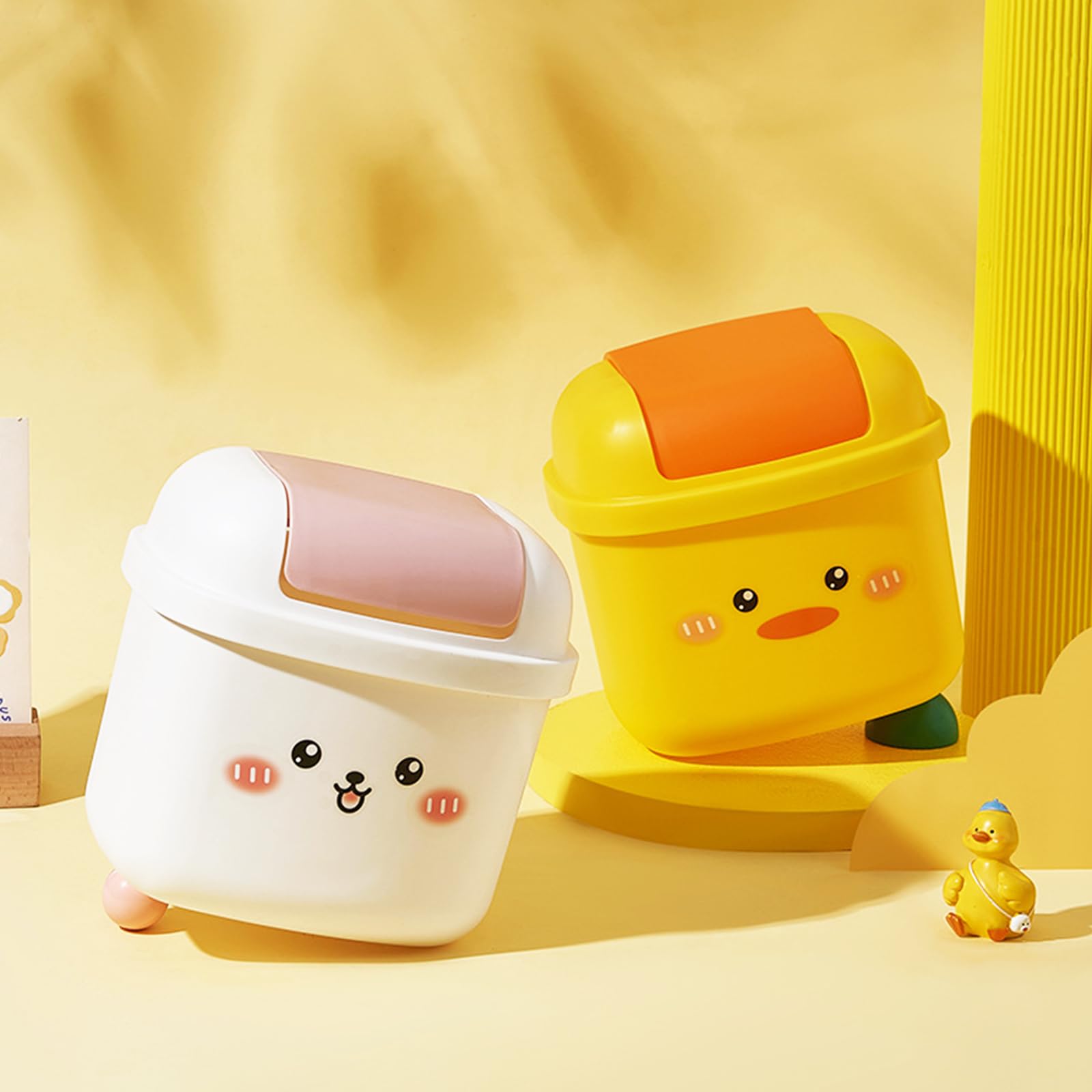 Cute Small Trash Can with Flip Lid - Mini Desktop Garbage Bin in Kawaii Cartoon Animal Shape for Bedroom, Bathroom, Kitchen & Office - Perfect for Home, Dorm, Desk & Vanity Organization (Yellow)