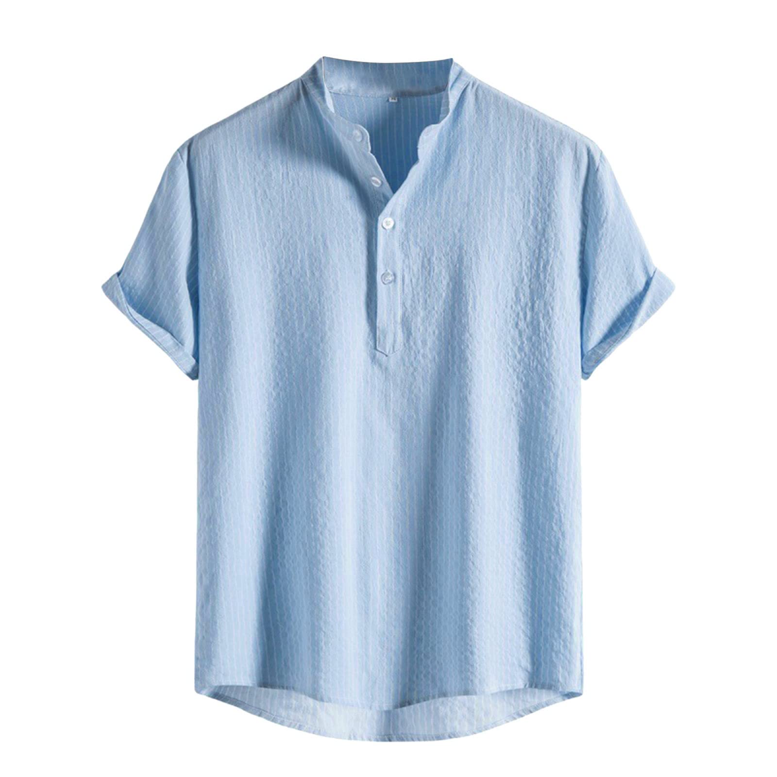 Men's Linen Henley Shirt - Short Sleeve Band Collar Casual Button Down Top for Summer | Beach Wear, Yoga Outfit & Hippie Style Fashion | Breathable & Comfortable for Outdoor Activities