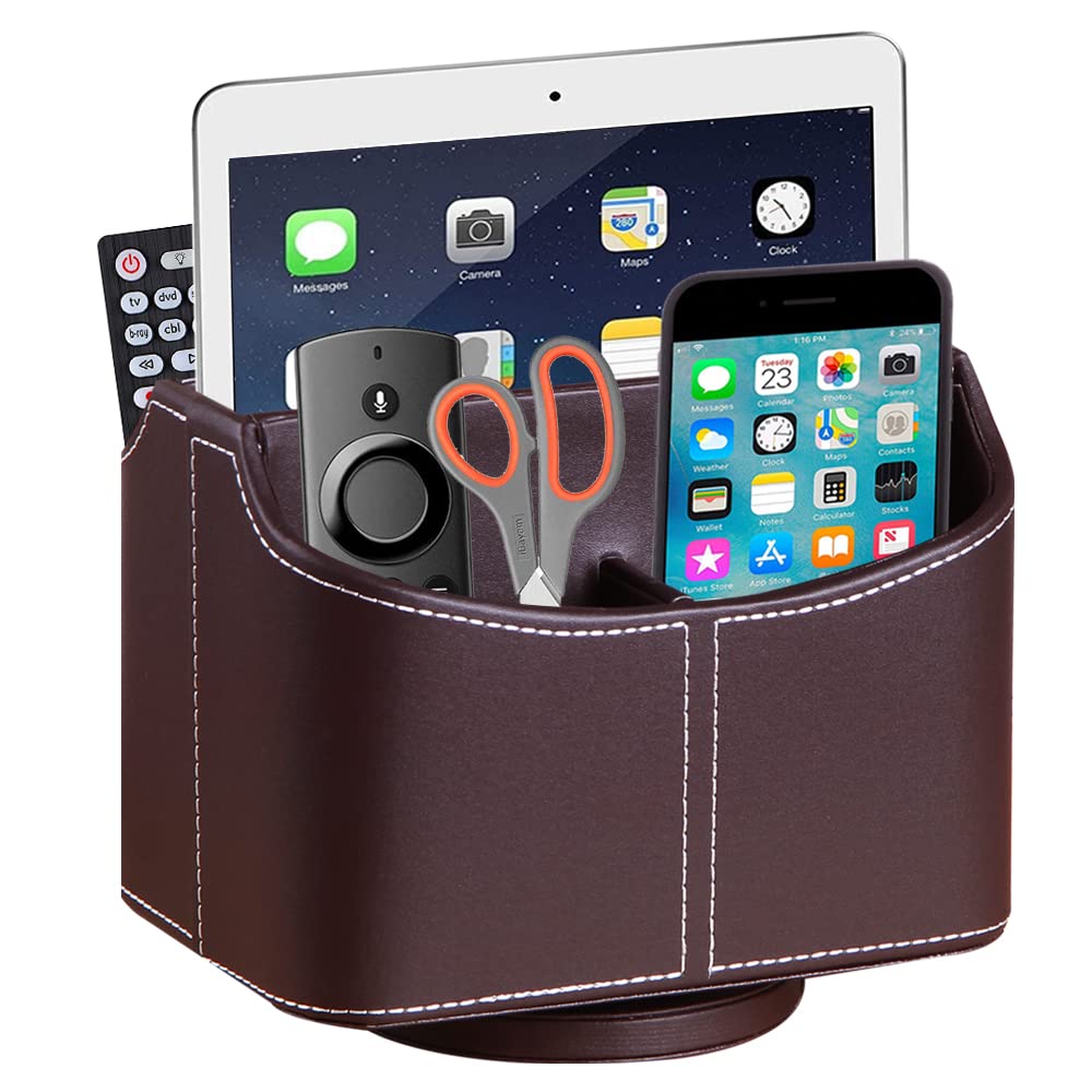 360° Rotating PU Leather Remote Control Holder - Desk Organizer for TV Remote, Phone, Pens, Mail & Accessories - Perfect for Living Room, Office & Home Theater Organization (Brown)